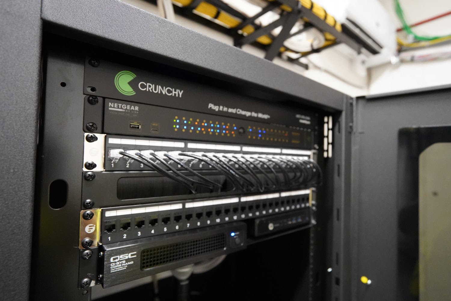 Server rack with networking equipment and cables.