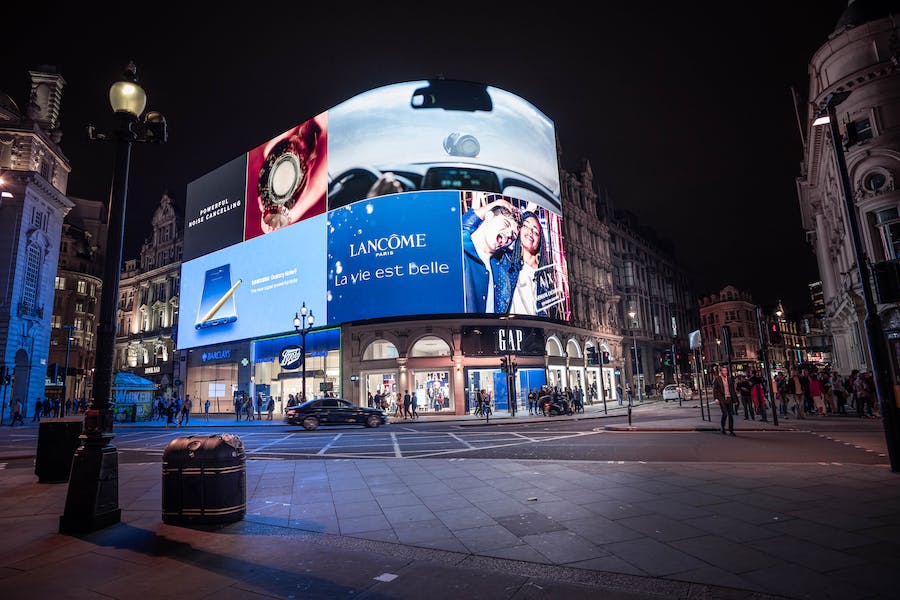LED walls on buildings in Piccadilly Circus in London.