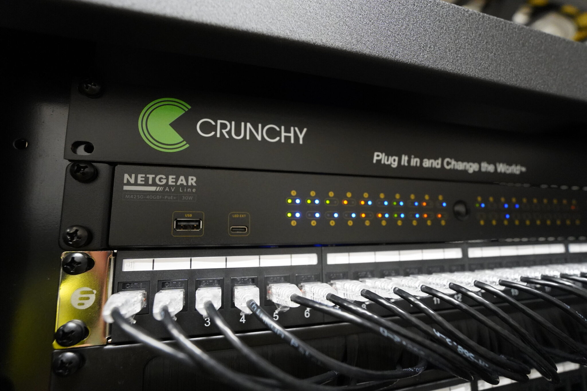 Network equipment with Crunchy and Netgear labels.