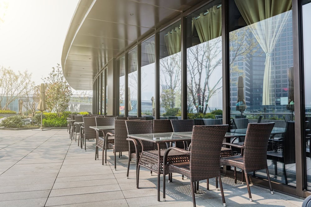 Outdoor patio seating at modern restaurant