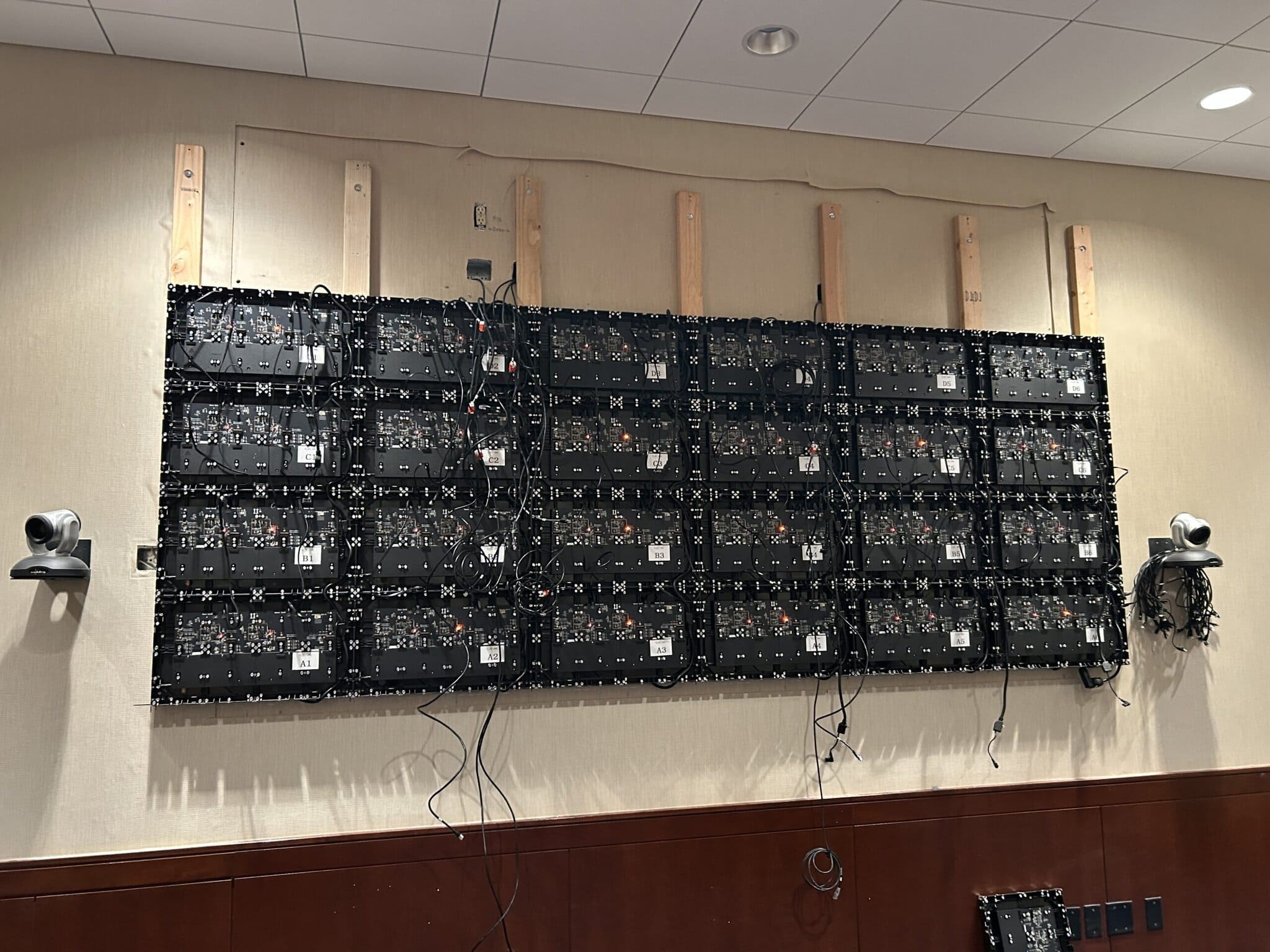 Back view of video wall installation cables