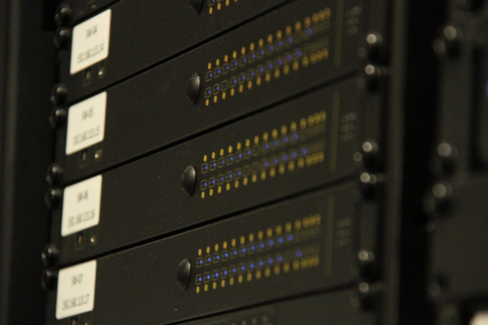 Close-up of computer servers in data center.