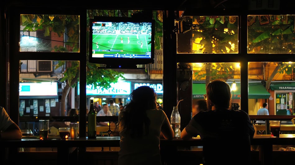 People watching soccer in a cozy bar setting.