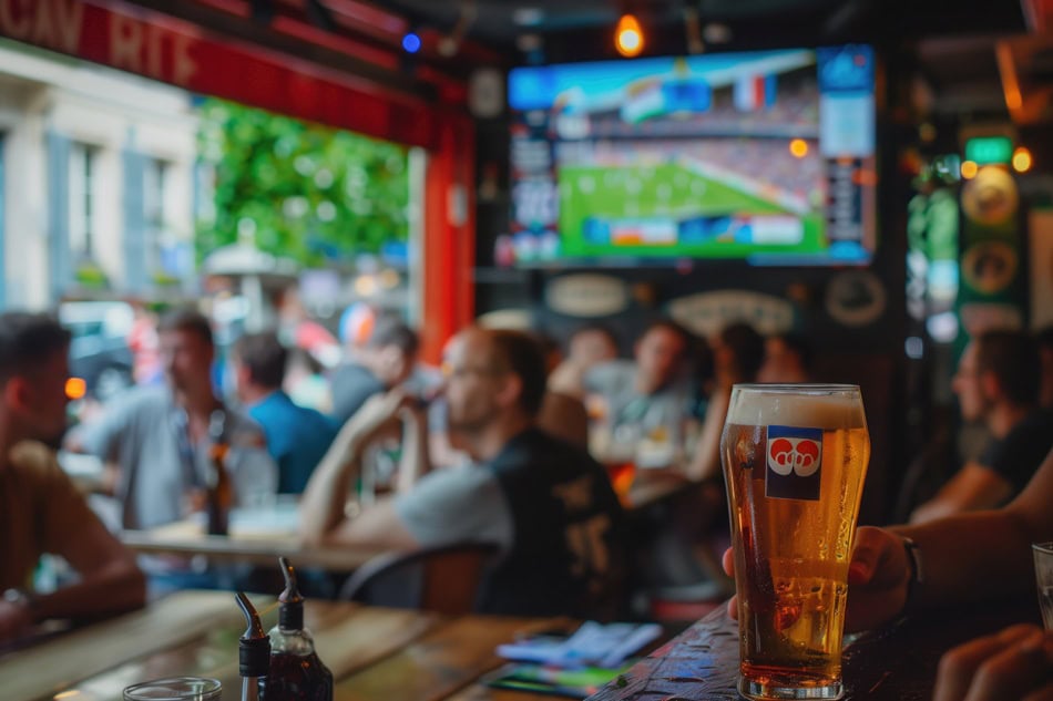 Crowded sports bar with beer and soccer on TV.
